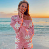 Süßes Blumendruck Pullover Strick Shorts Passendes Set - Rosa